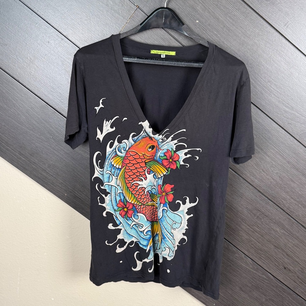 The Beautiful Ones Women's M Koi Fish Tattoo Graphic V Neck T Shirt Black Y2K